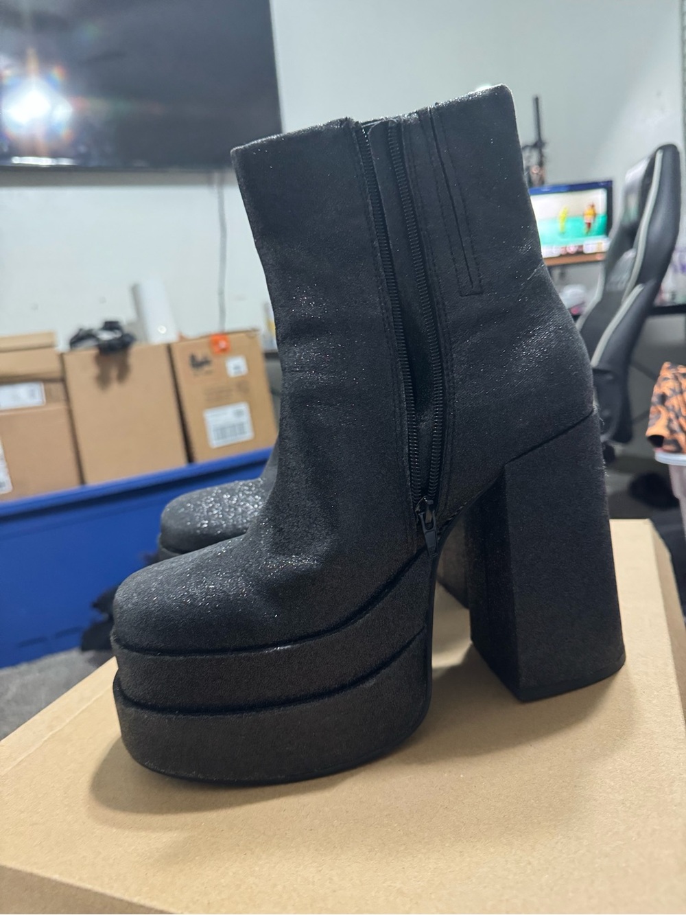 Steve Madden Black Glitter Platform Block Heel Boots - Picture 3 of 5